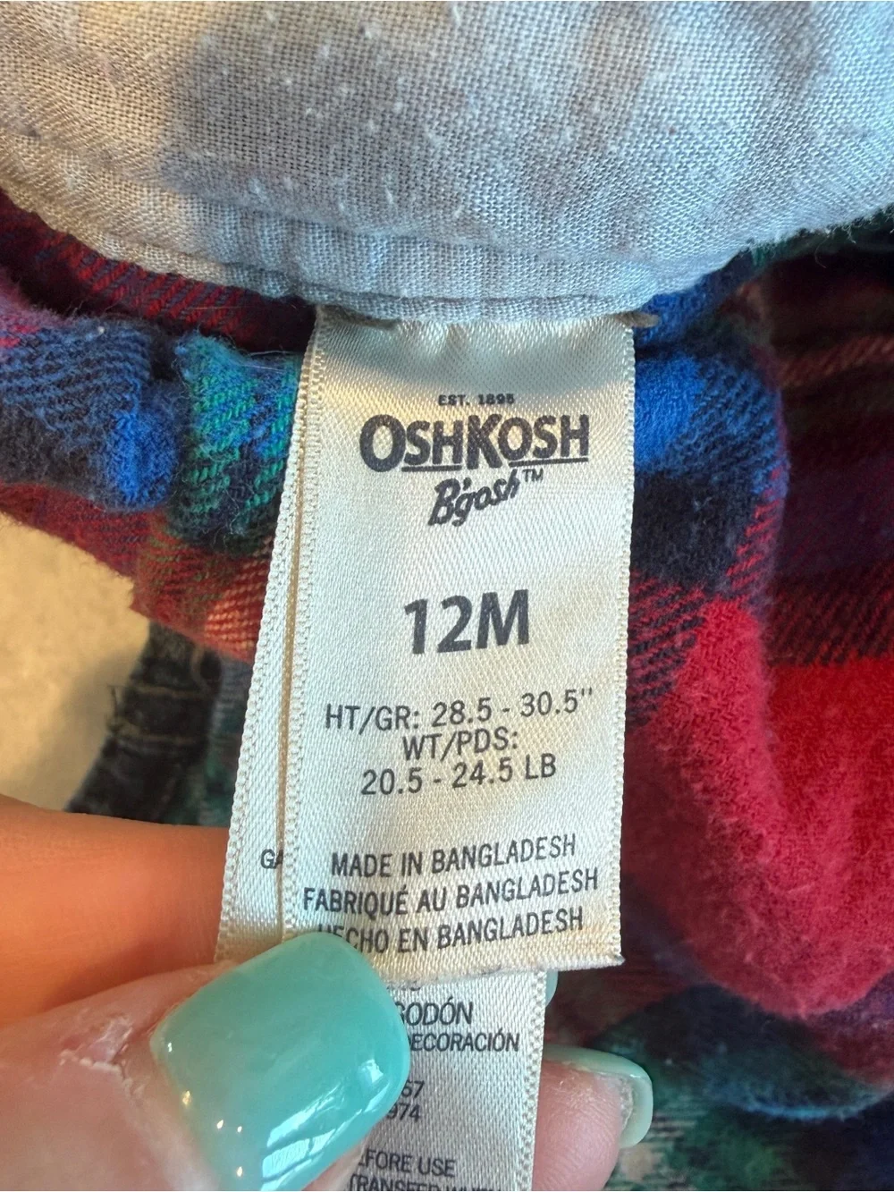OshKosh B'gosh Dark Blue Denim Plaid Flannel Lined Baby Boy Overalls 12 Months